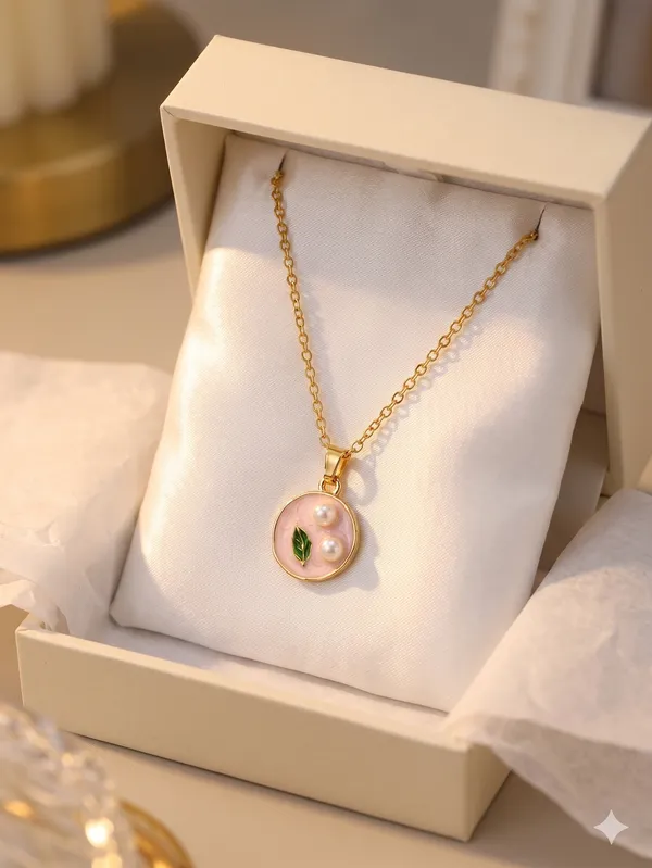 Pink_Alloy_Enamel_Pearl_Leaf_Round_Pendant_Necklace_For_Women
