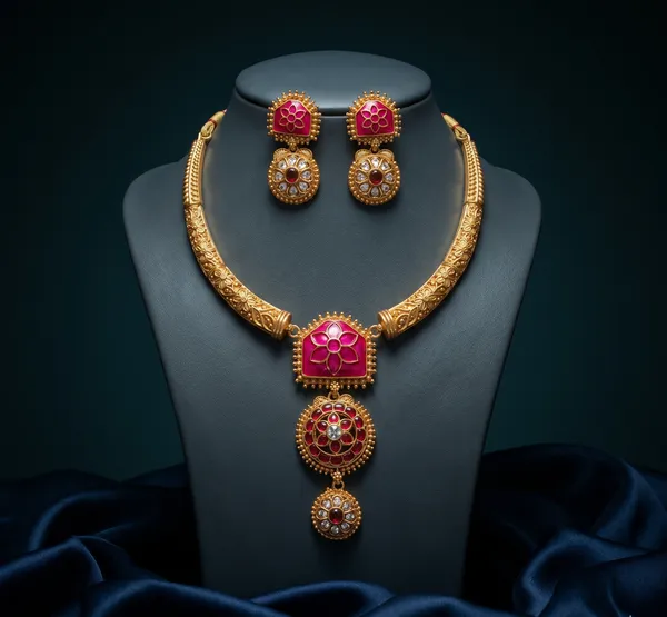 Gold_Plated_Alloy_Ruby_Red_Floral_Square_Pendant_Necklace_Set_For_Women