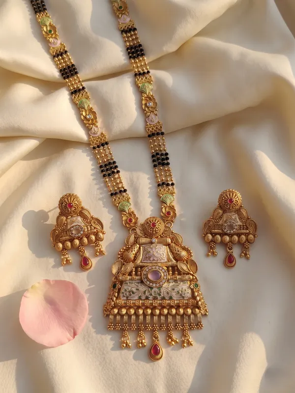 Gold_Plated_Alloy_Temple_Design_Mangalsutra_Set_With_Earrings