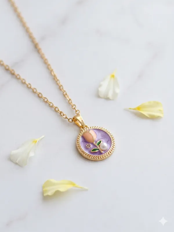 Purple_Alloy_Enamel_Floral_Round_Pendant_Necklace_For_Women