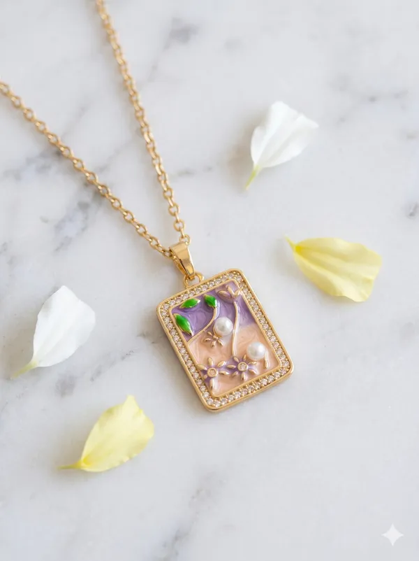 Gold_Alloy_Floral_Enamel_Rectangular_Pendant_Necklace_For_Women