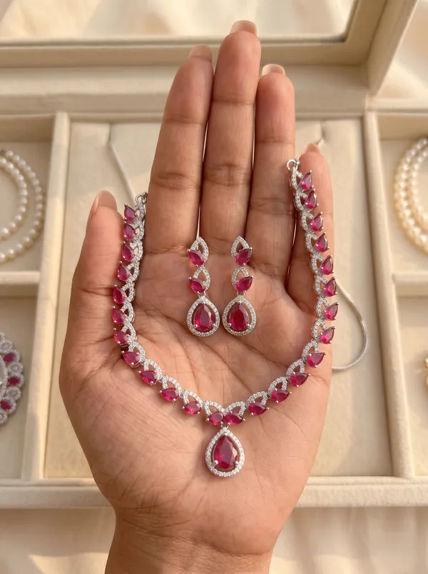 Pink_Alloy_Ruby_Cz_Teardrop_Pendant_Necklace_Set_For_Women