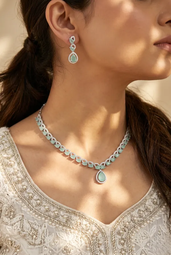 Blue_Alloy_Cz_Turquoise_Teardrop_Pendant_Necklace_Set_For_Women