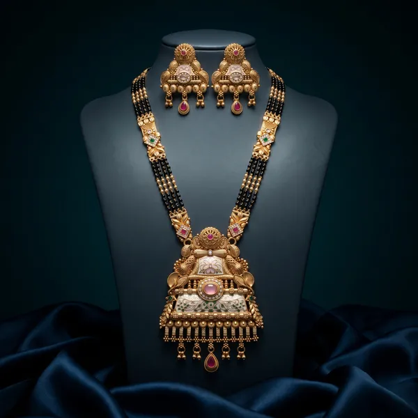Gold_Plated_Alloy_Black_Beaded_Temple_Design_Necklace_Set_For_Women