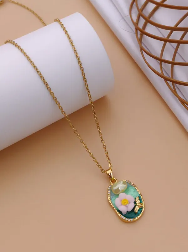 Green_Alloy_Enamel_Floral_Oval_Pendant_Necklace_For_Women