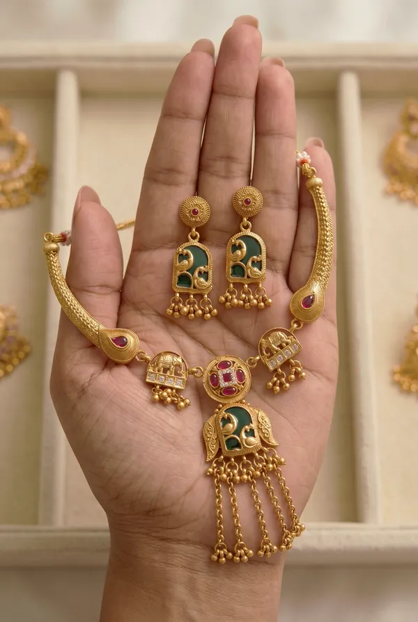 Gold_Alloy_Green_Enamel_Peacock_Motif_Necklace_Set_With_Earrings
