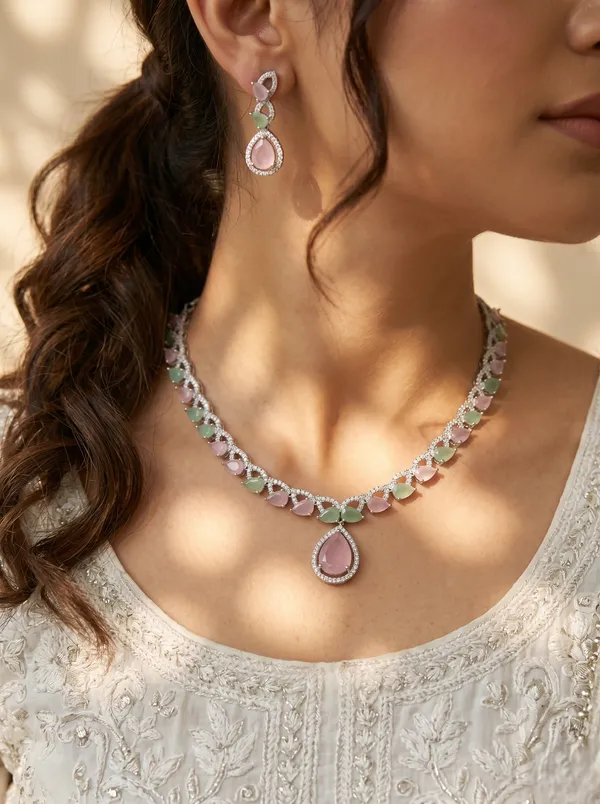 Multicolor_Alloy_Pink_Green_Cz_Stone_Necklace_Set_For_Women
