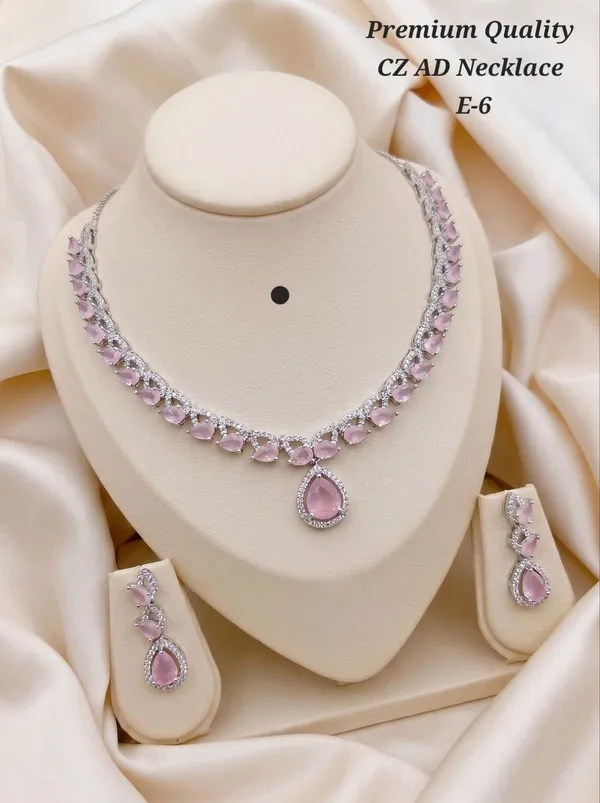 Pink_Alloy_Silver_Tone_Gemstone_Teardrop_Necklace_Set_For_Women