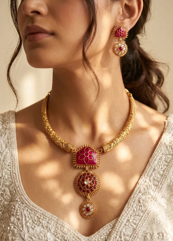 Gold_Plated_Alloy_Ruby_Red_Floral_Square_Pendant_Necklace_Set_For_Women
