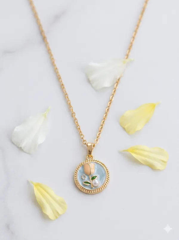 Blue_Gold_Alloy_Floral_Enamel_Circular_Pendant_Necklace_For_Women
