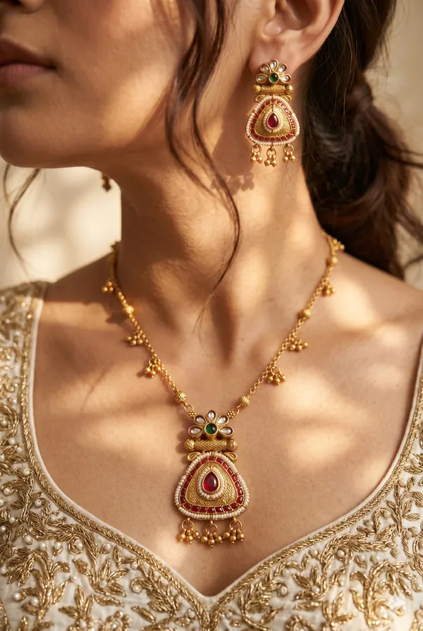 Gold_Plated_Alloy_Kundan_Pink_Meenakari_Pendant_Necklace_Set_For_Women