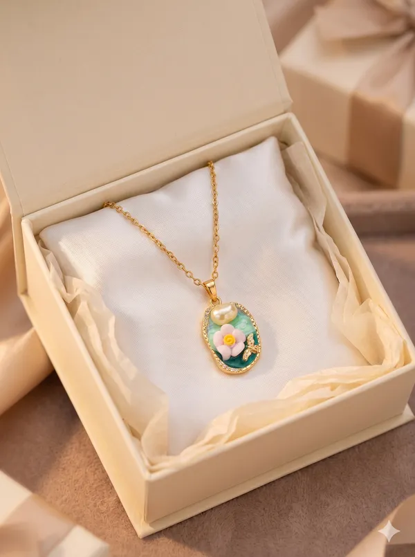 Green_Alloy_Enamel_Floral_Oval_Pendant_Necklace_For_Women
