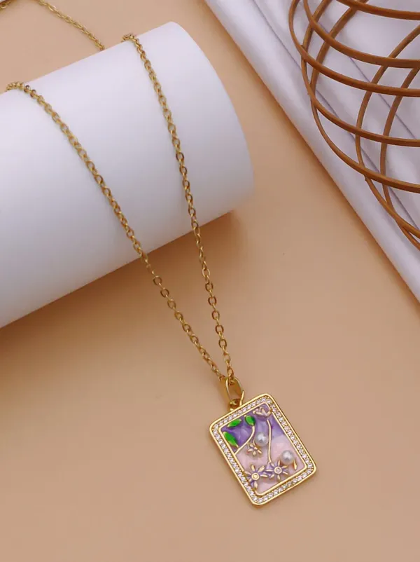 Gold_Alloy_Floral_Enamel_Rectangular_Pendant_Necklace_For_Women