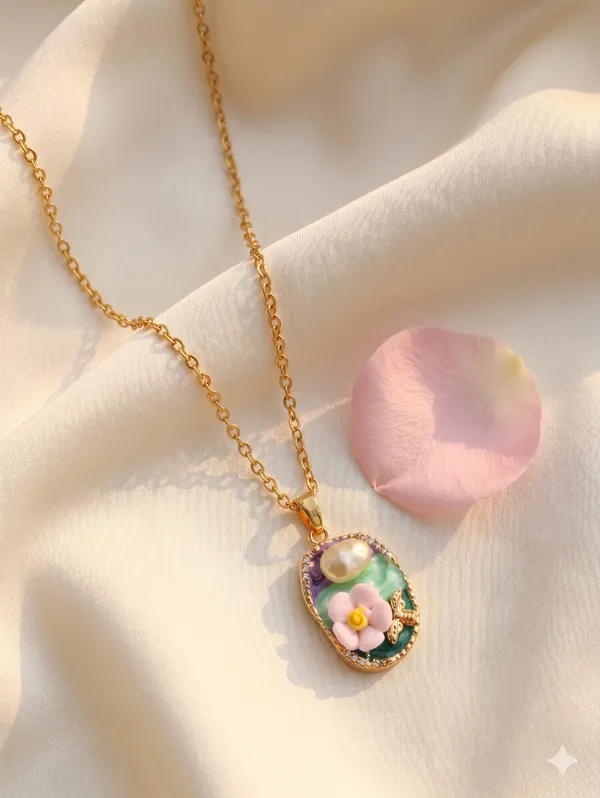 Green_Gold_Alloy_Floral_Enamel_Oval_Pendant_Necklace_For_Women