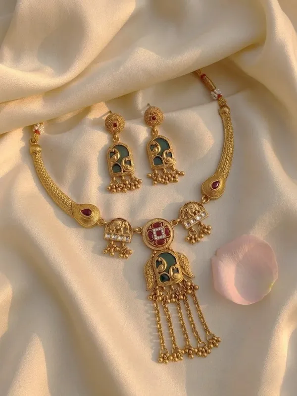 Gold_Alloy_Green_Enamel_Peacock_Motif_Necklace_Set_With_Earrings