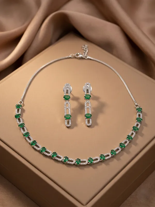 Silver_Plated_Alloy_Green_Stone_Cz_Necklace_Set_With_Earrings