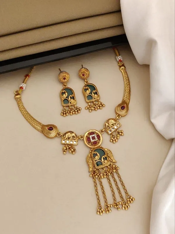 Gold_Alloy_Green_Enamel_Peacock_Motif_Necklace_Set_With_Earrings