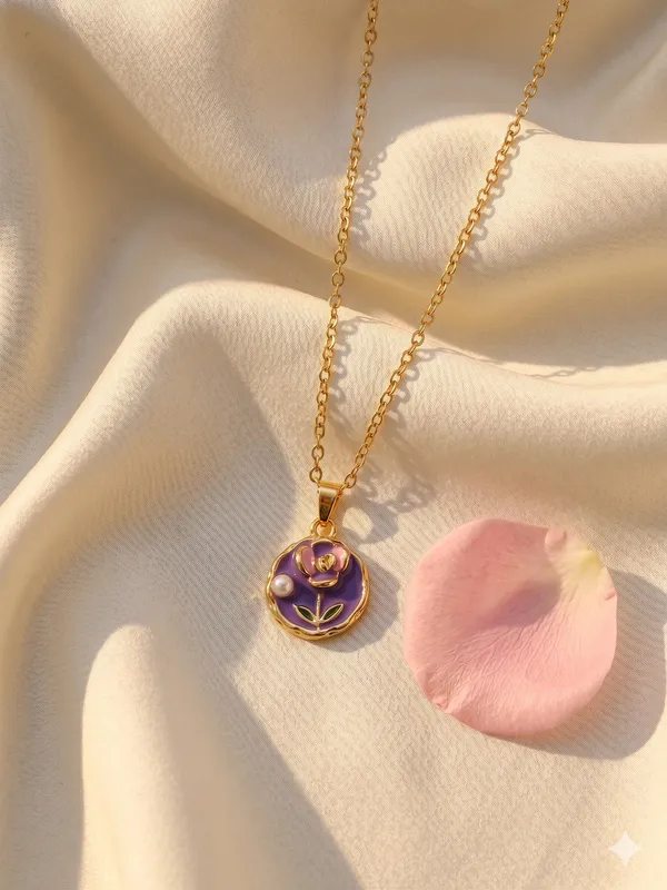 Gold_Plated_Alloy_Purple_Enamel_Floral_Pendant_Necklace_For_Women