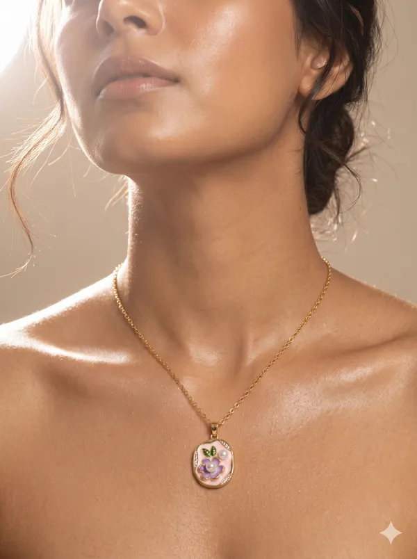 Gold_Alloy_Floral_Enamel_Oval_Pendant_Necklace_For_Women