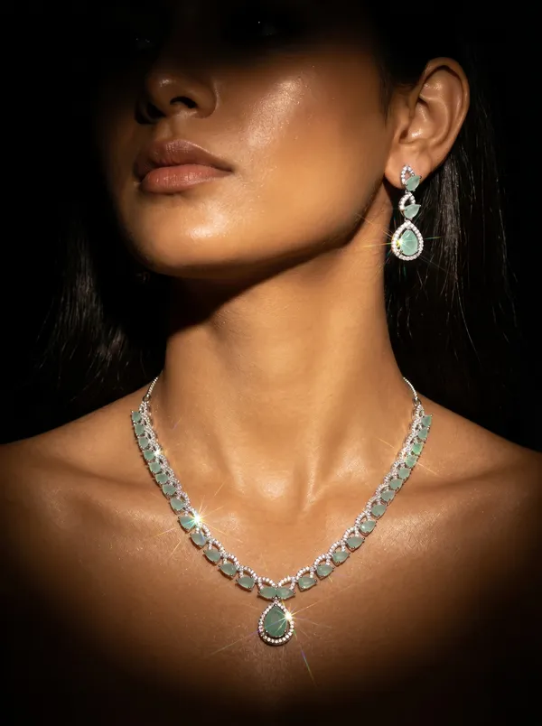 Blue_Alloy_Cz_Turquoise_Teardrop_Pendant_Necklace_Set_For_Women