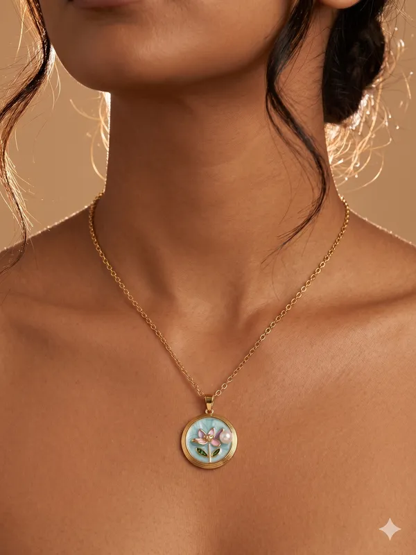 Blue_Alloy_Enamel_Lotus_Floral_Round_Pendant_Necklace_For_Women