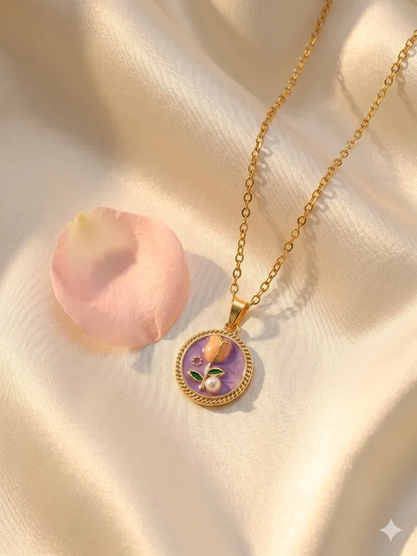 Purple_Alloy_Enamel_Floral_Round_Pendant_Necklace_For_Women
