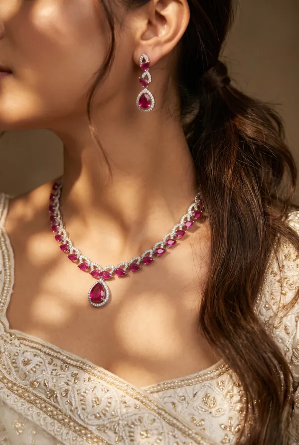 Pink_Alloy_Ruby_Cz_Teardrop_Pendant_Necklace_Set_For_Women
