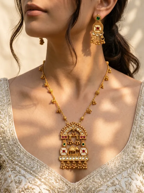 Gold_Plated_Alloy_Temple_Elephant_Pendant_Necklace_Set_With_Earrings