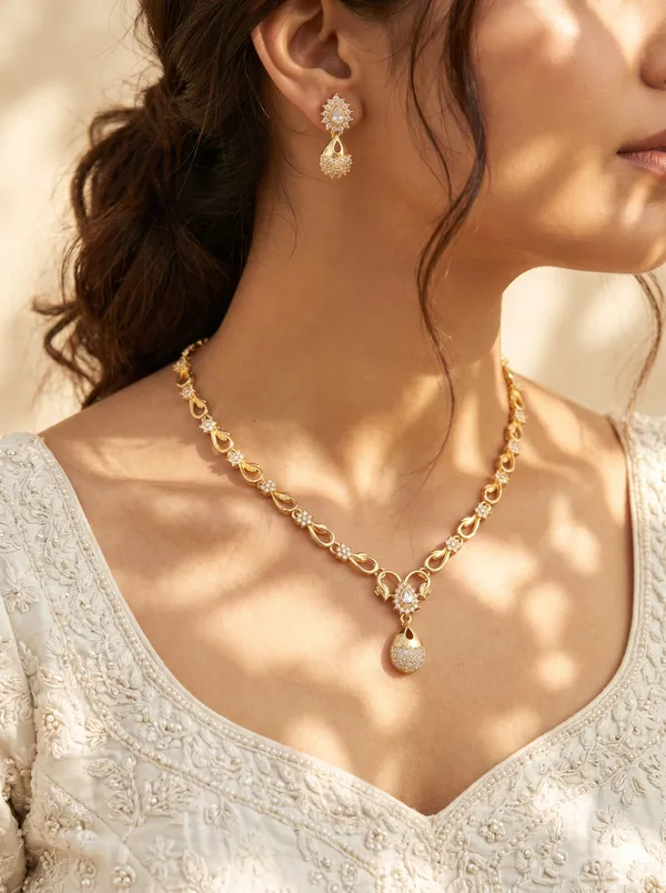 Gold_Plated_Alloy_Crystal_Floral_Teardrop_Necklace_Set_For_Women