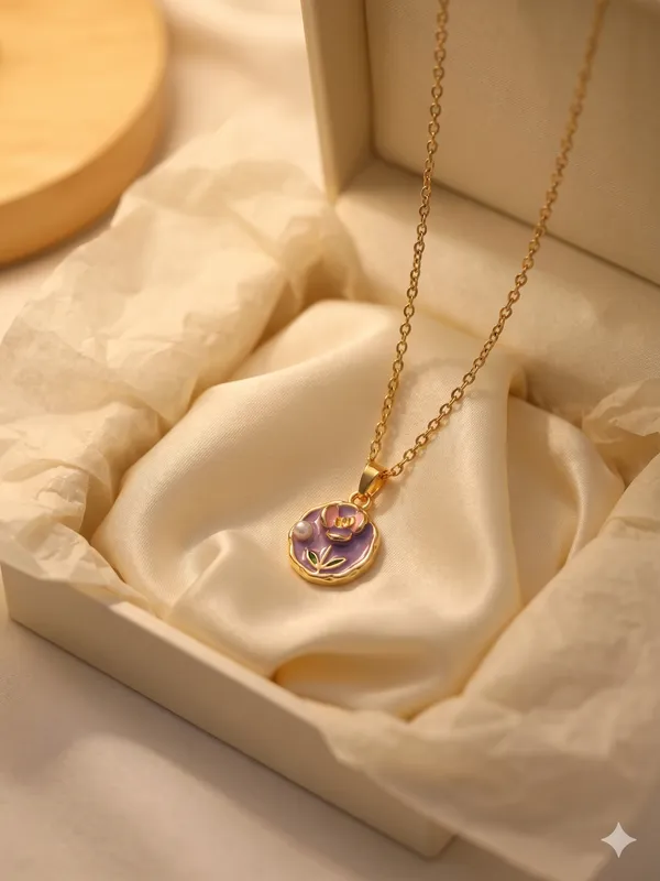 Gold_Plated_Alloy_Purple_Enamel_Floral_Pendant_Necklace_For_Women