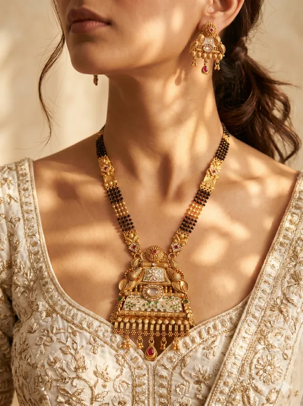 Gold_Plated_Alloy_Black_Beaded_Temple_Design_Necklace_Set_For_Women