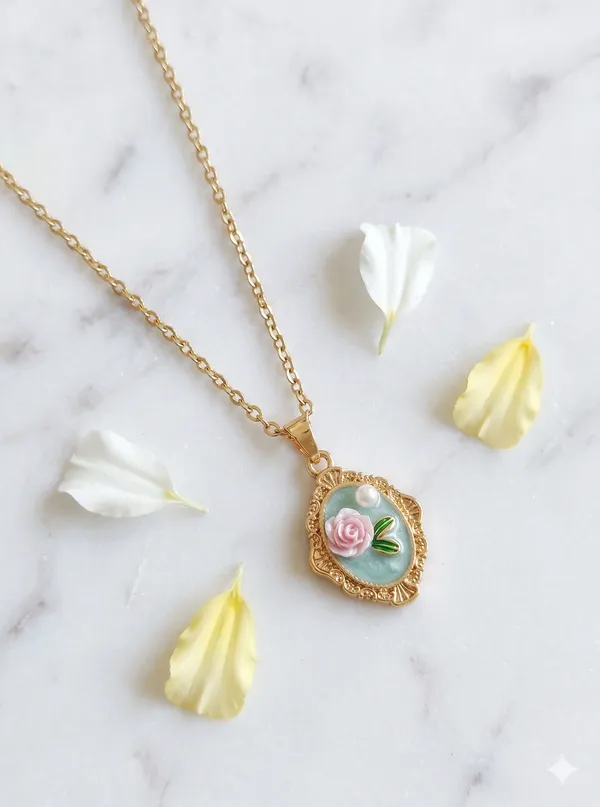 Gold_Alloy_Pink_Green_Floral_Enamel_Pendant_Necklace_For_Women