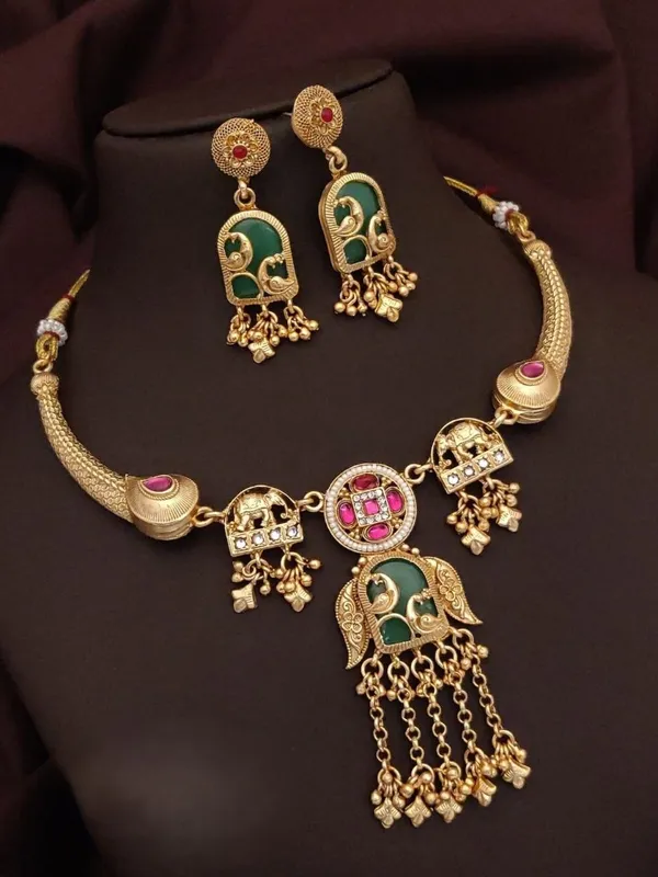 Gold_Alloy_Green_Enamel_Peacock_Motif_Necklace_Set_With_Earrings
