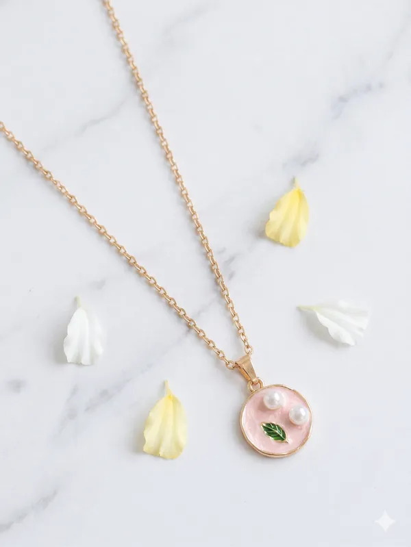 Pink_Alloy_Enamel_Pearl_Leaf_Round_Pendant_Necklace_For_Women