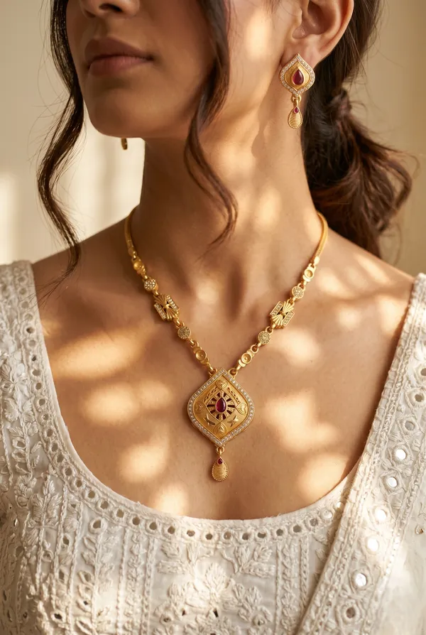 Gold_Plated_Alloy_Ad_Stone_Teardrop_Pendant_Necklace_Set_With_Earrings