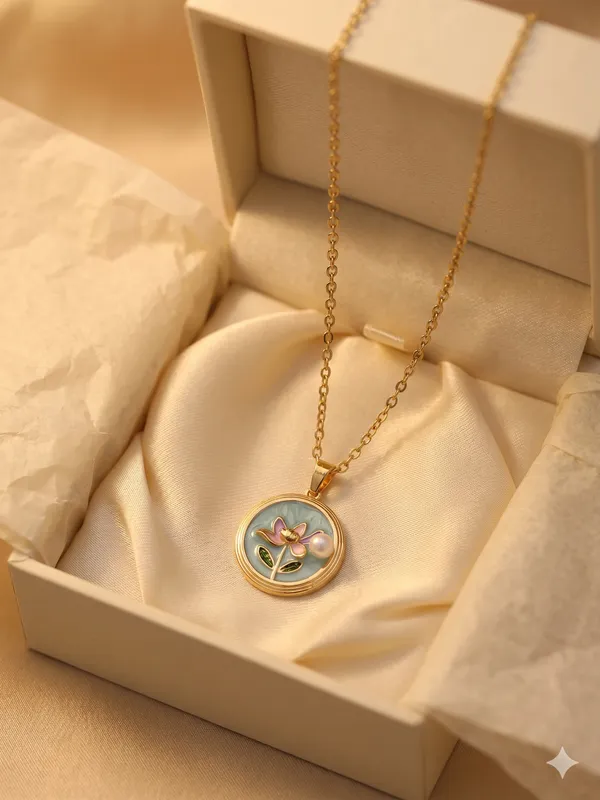 Blue_Alloy_Enamel_Lotus_Floral_Round_Pendant_Necklace_For_Women
