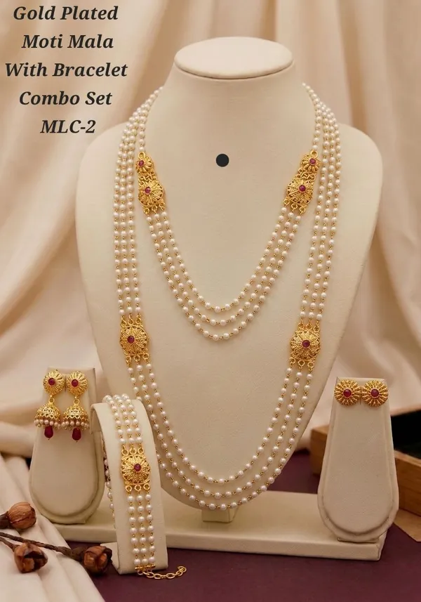 White_Alloy_Gold_Plated_Pearl_Mala_Bracelet_Combo_Set_With_Earrings