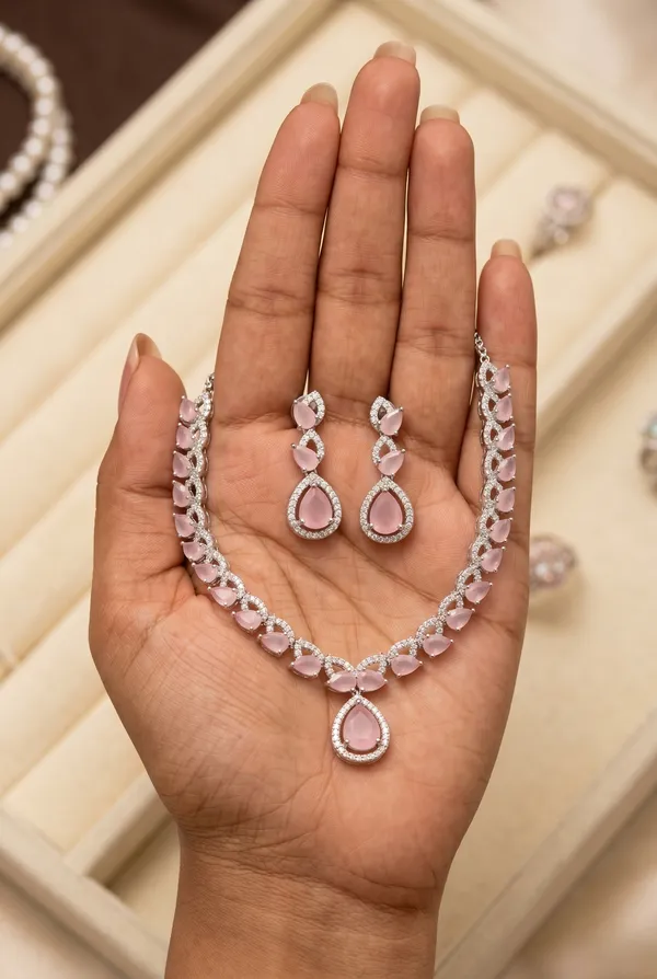 Pink_Alloy_Silver_Tone_Gemstone_Teardrop_Necklace_Set_For_Women