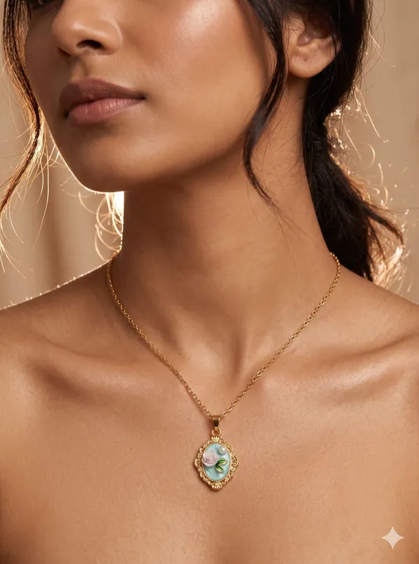 Gold_Alloy_Pink_Green_Floral_Enamel_Pendant_Necklace_For_Women