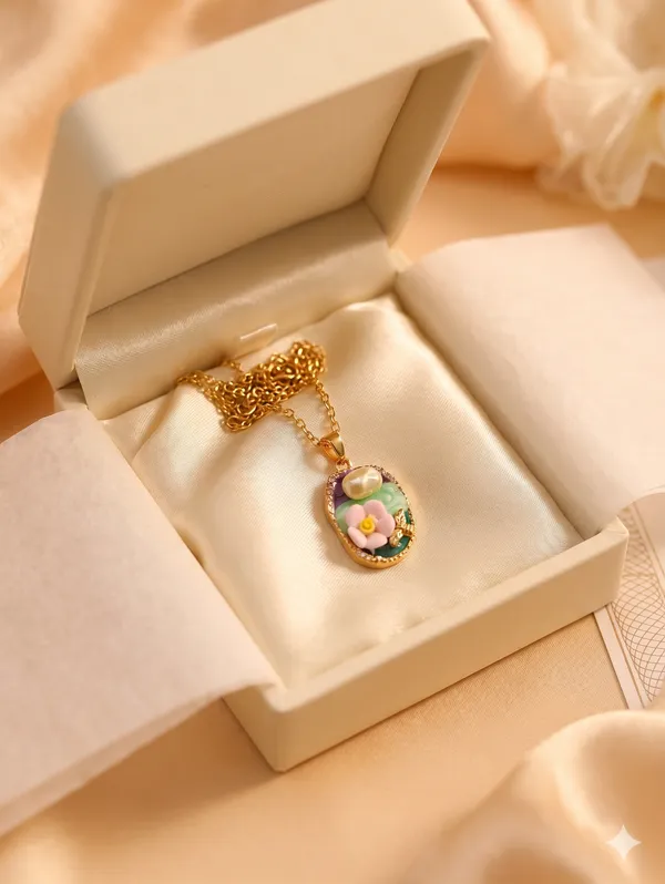 Green_Gold_Alloy_Floral_Enamel_Oval_Pendant_Necklace_For_Women