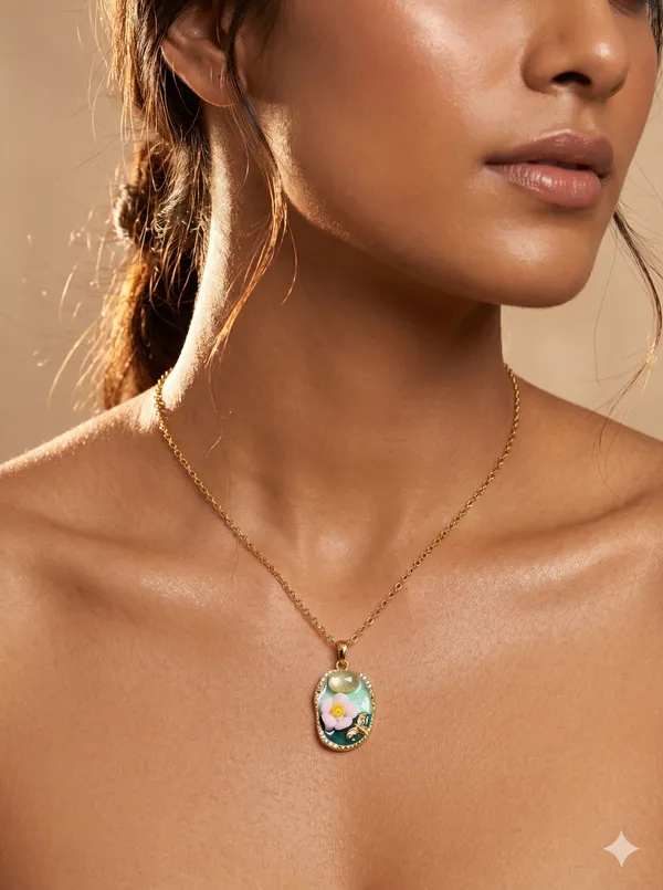 Green_Alloy_Enamel_Floral_Oval_Pendant_Necklace_For_Women