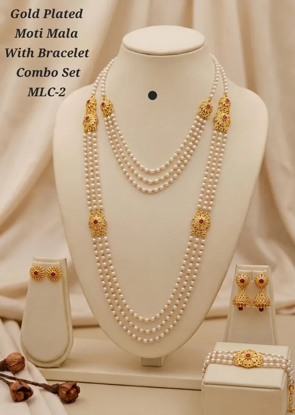 White_Alloy_Gold_Plated_Pearl_Mala_Bracelet_Combo_Set_With_Earrings