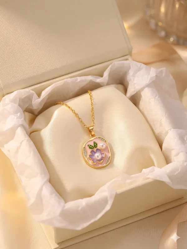 Pink_Alloy_Enamel_Floral_Oval_Pendant_Necklace_For_Women