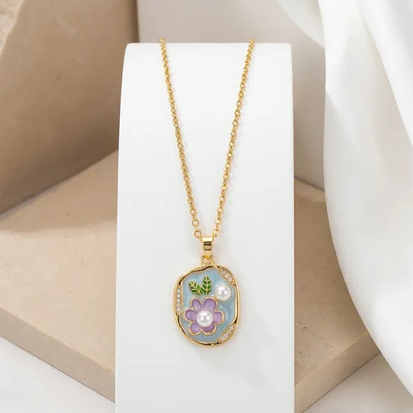Gold_Alloy_Purple_Enamel_Floral_Pearl_Pendant_Necklace_For_Women