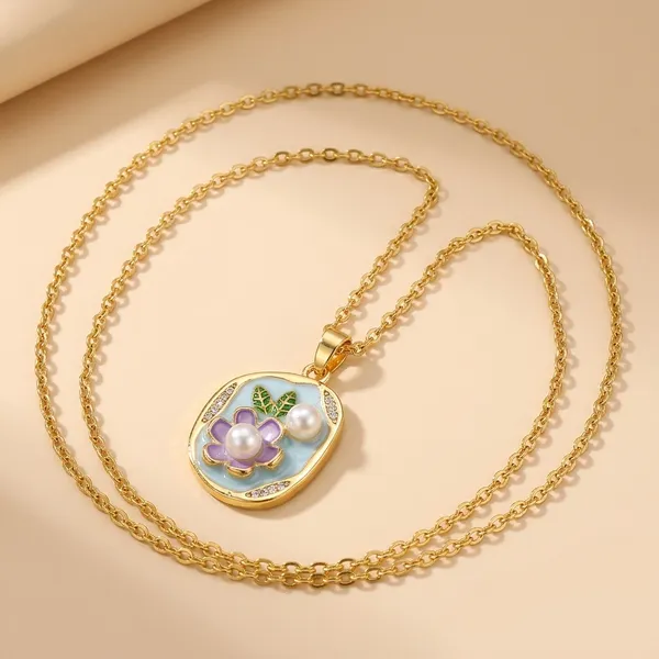 Gold_Alloy_Purple_Enamel_Floral_Pearl_Pendant_Necklace_For_Women