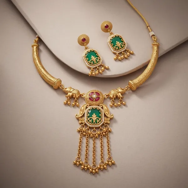Gold_Alloy_Green_Stone_Choker_Necklace_Set_With_Earrings_For_Women