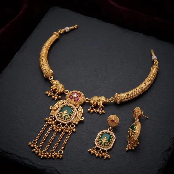Gold_Alloy_Green_Stone_Choker_Necklace_Set_With_Earrings_For_Women