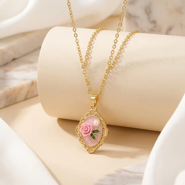Gold_Alloy_Pink_Rose_Pendant_Necklace_For_Women
