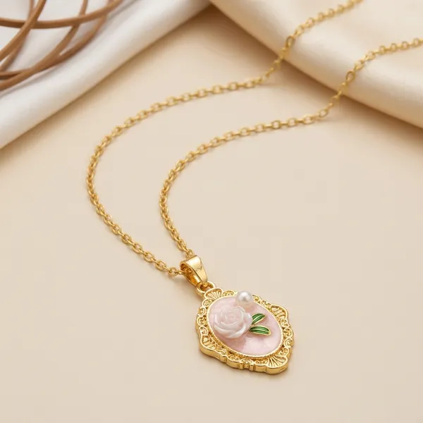 Gold_Alloy_Pink_Rose_Pendant_Necklace_For_Women