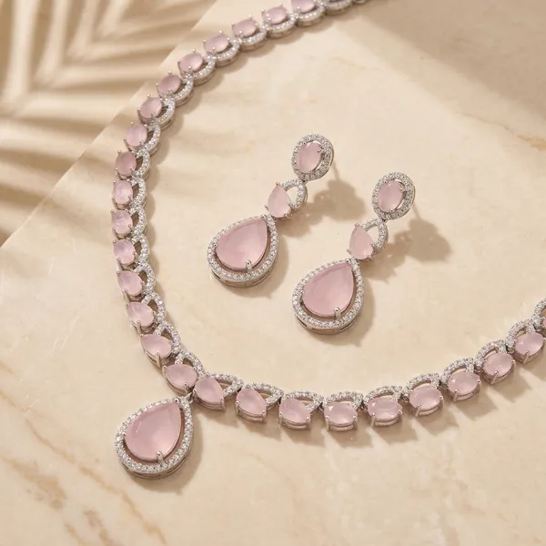 Pink_Alloy_Silver_Tone_Gemstone_Teardrop_Necklace_Set_For_Women